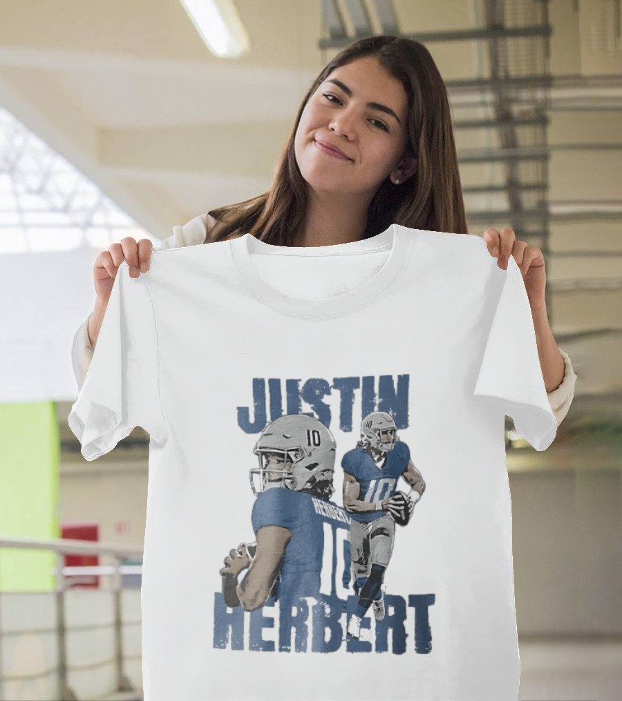 Justin Herbert Quarterback Action Photo Collage Blue Distressed T-Shirt