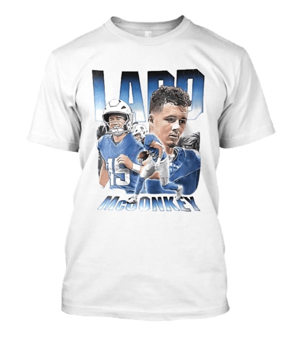Ladd McConkey Number 15 Football Player Blue Jersey Collage T-Shirt