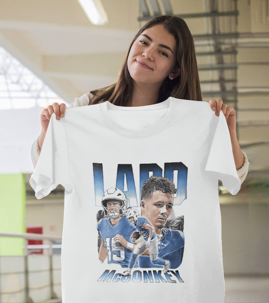 Ladd McConkey Number 15 Football Player Blue Jersey Collage T-Shirt