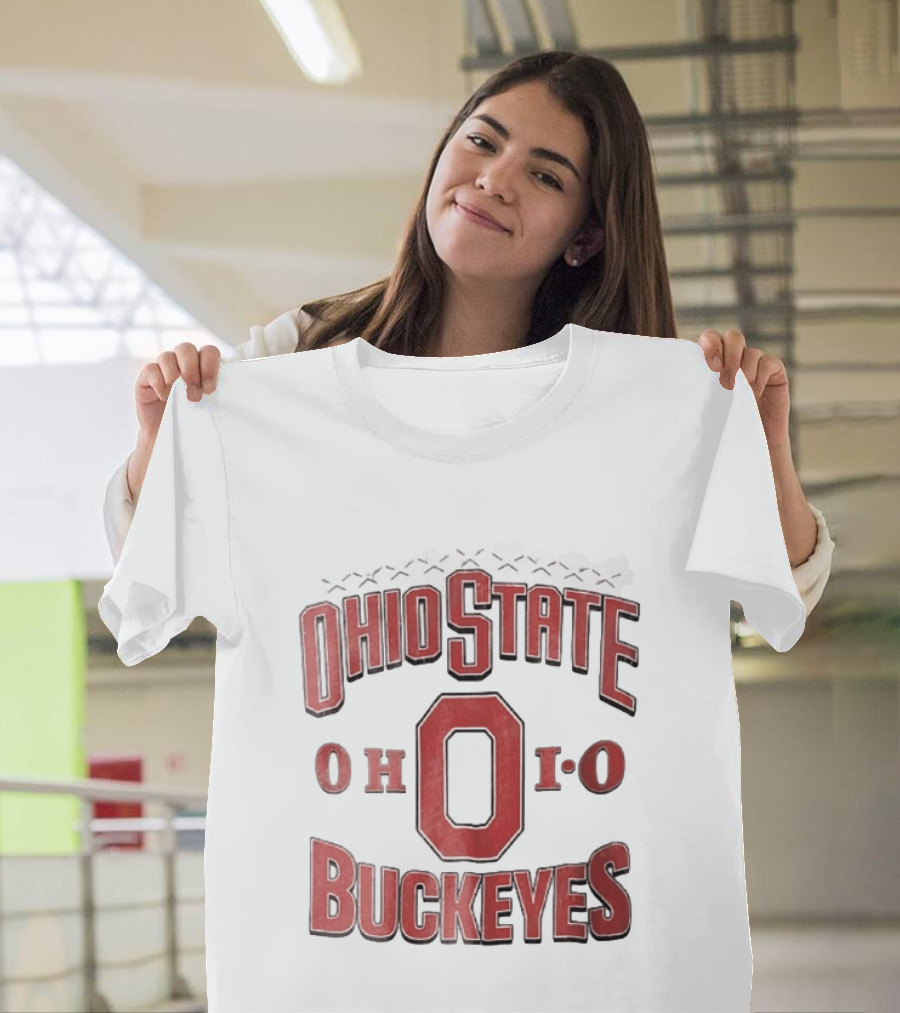 Ohio State Buckeyes NCAA Ohio Block Letter Red Football Laces Arch T-Shirt