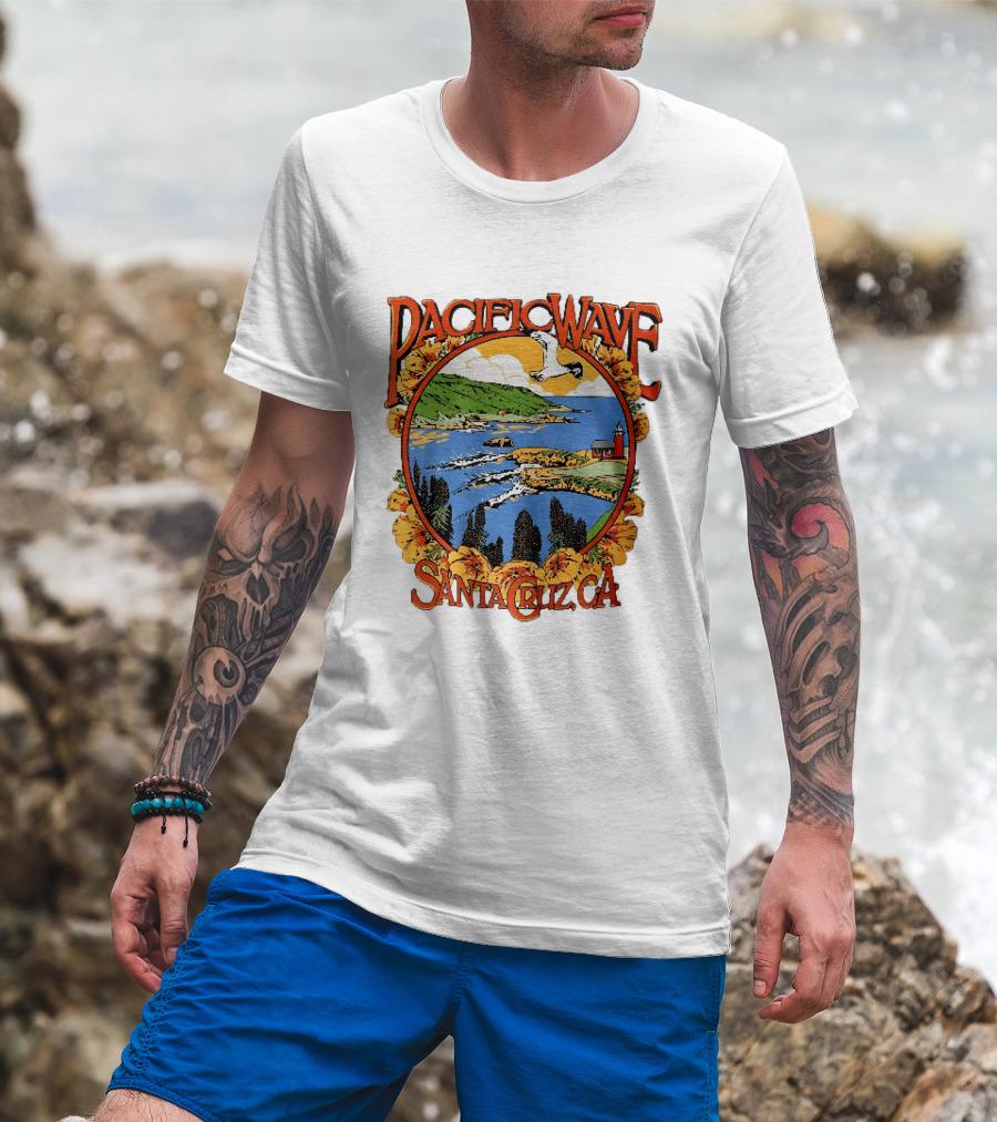 Pacific Wave Santa Cruz CA Coastal Lighthouse Ocean Seagull Flowers Scenic T-Shirt