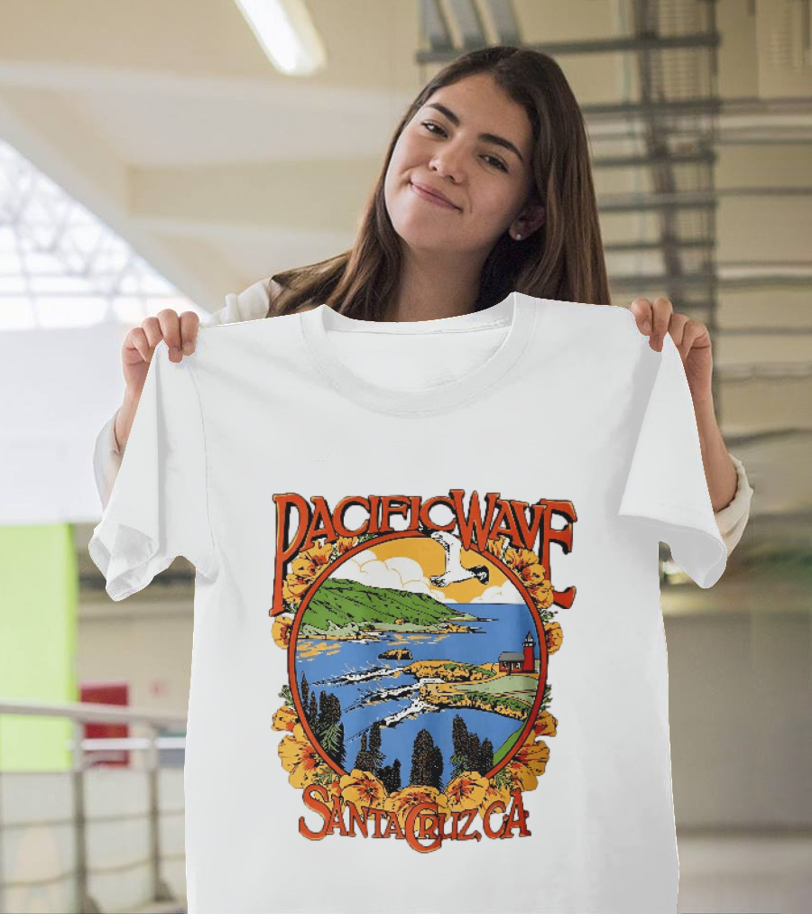 Pacific Wave Santa Cruz CA Coastal Lighthouse Ocean Seagull Flowers Scenic T-Shirt