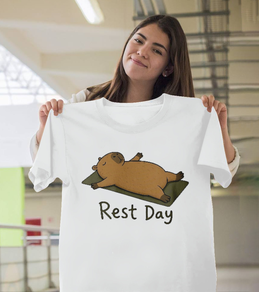 Rest Day Capybara Relaxing On Yoga Mat Cartoon T-Shirt