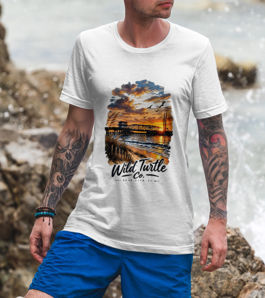 Wild Turtle Co Surf City NC Beach Dunes Pier Sunset Flying Birds T-Shirt