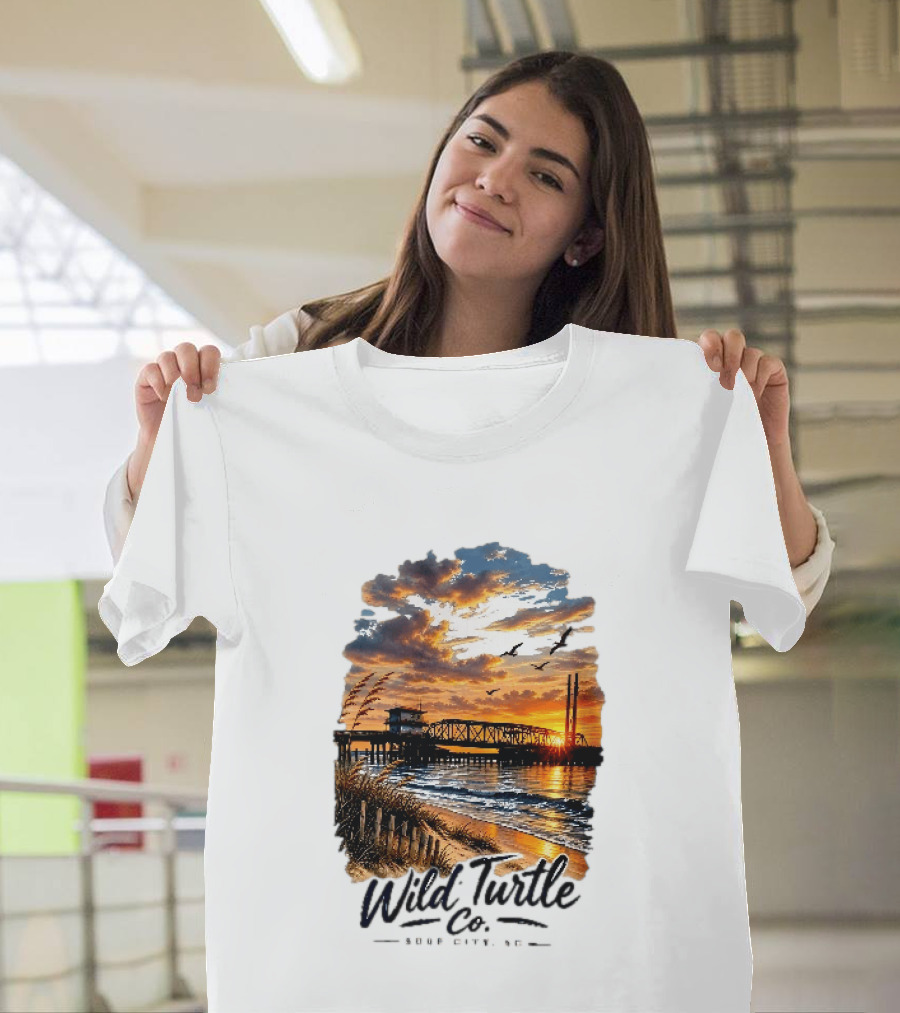 Wild Turtle Co Surf City NC Beach Dunes Pier Sunset Flying Birds T-Shirt