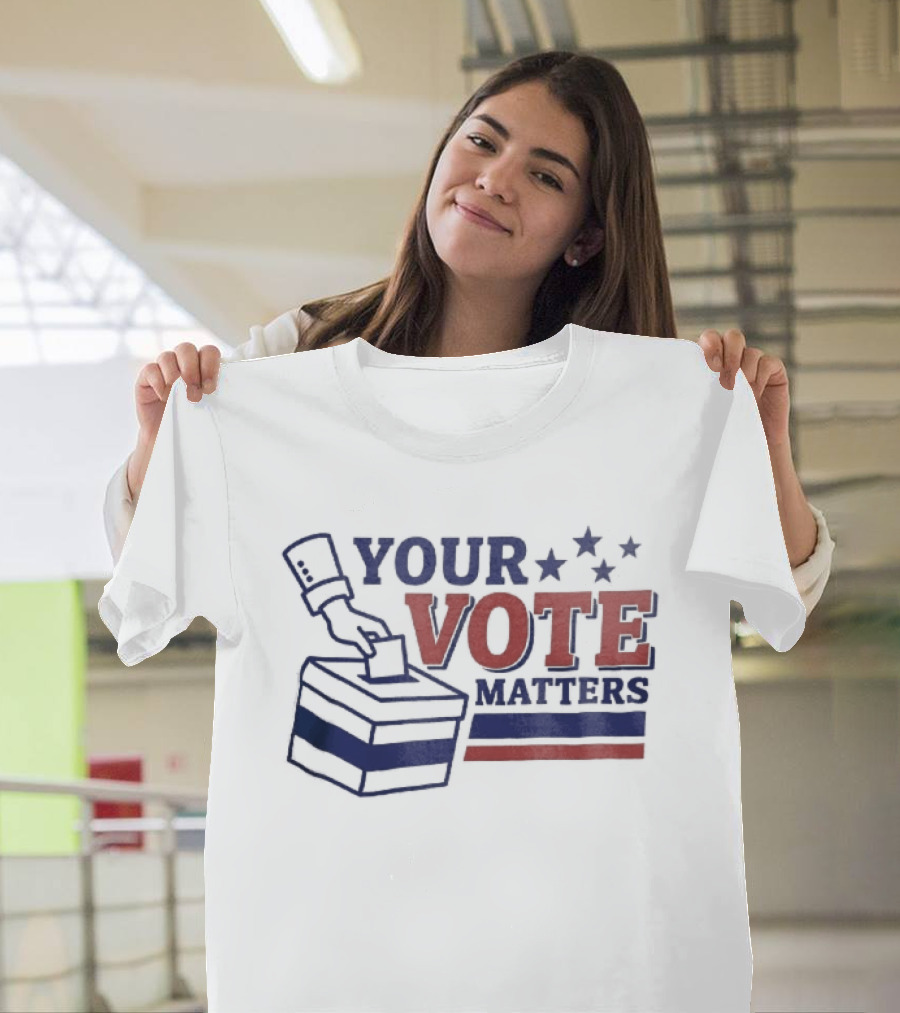 Your Vote Matters Hand Dropping Ballot Box Four Stars Red Blue Stripes T-Shirt