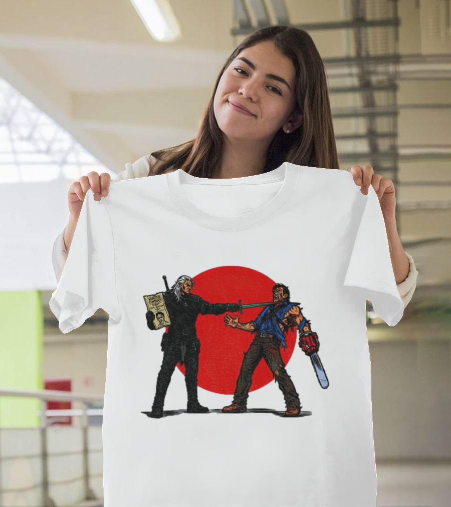 Geralt Vs Ash Evil Dead Or Alive Red Circle Showdown T-Shirt