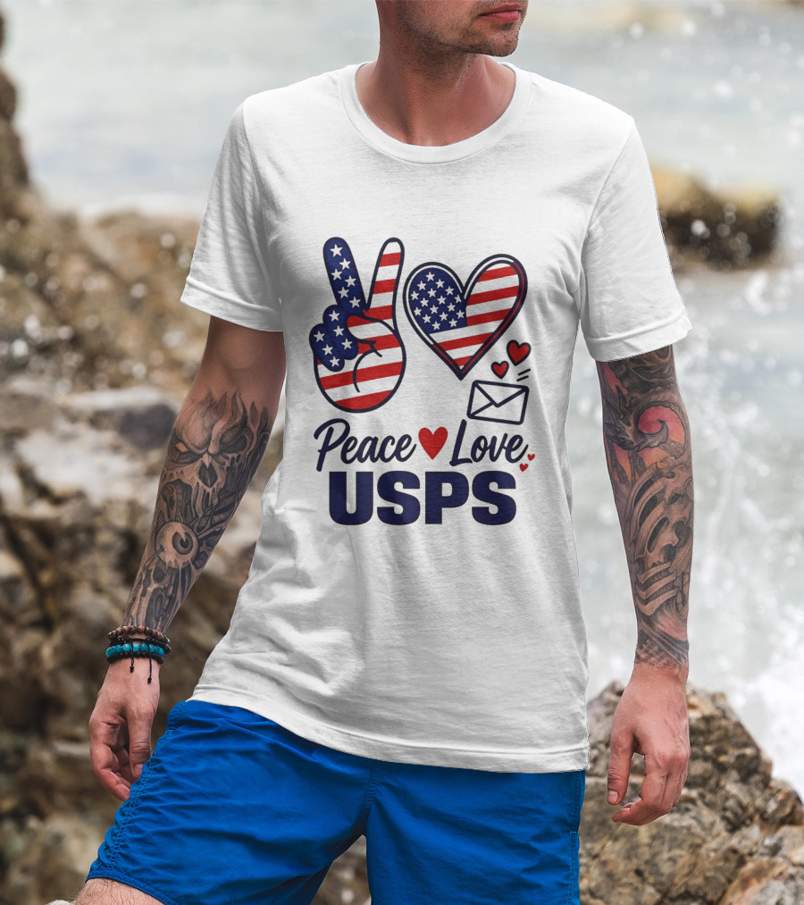 Peace Love USPS American Flag Heart And Mail T-Shirt