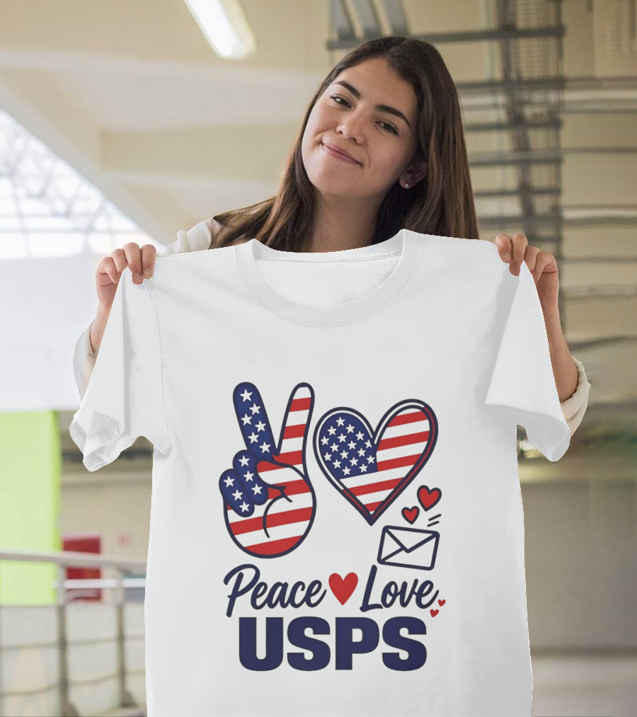 Peace Love USPS American Flag Heart And Mail T-Shirt