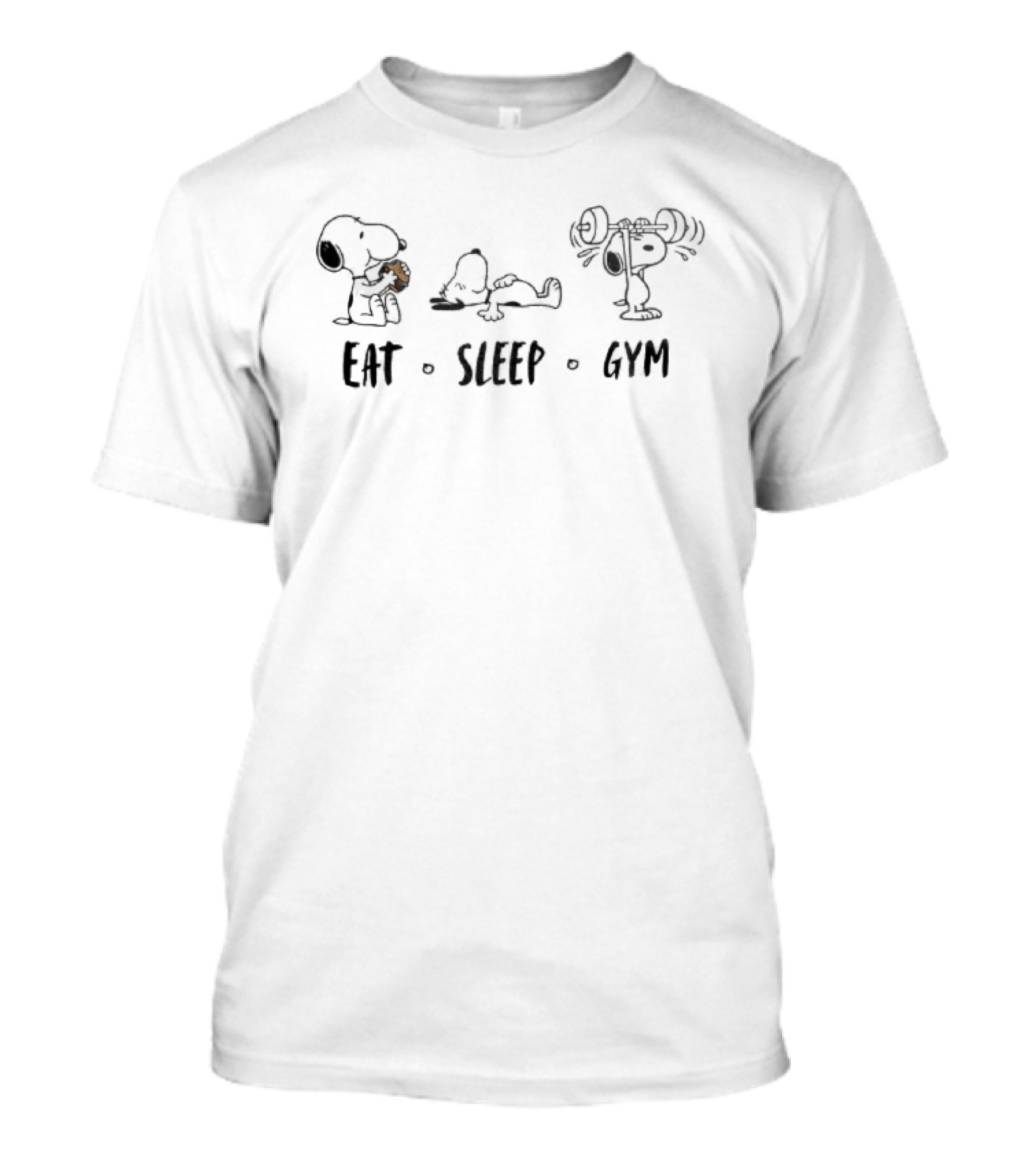Peanuts Snoopy Eat Sleep Gym Hamburger Resting Barbell Cartoon Line T-Shirt