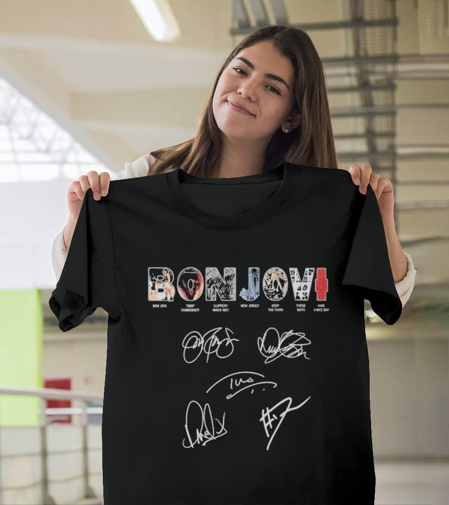 Bon Jovi Albums Cast Signatures Rock Band New Jersey Greatest Hits T-Shirt