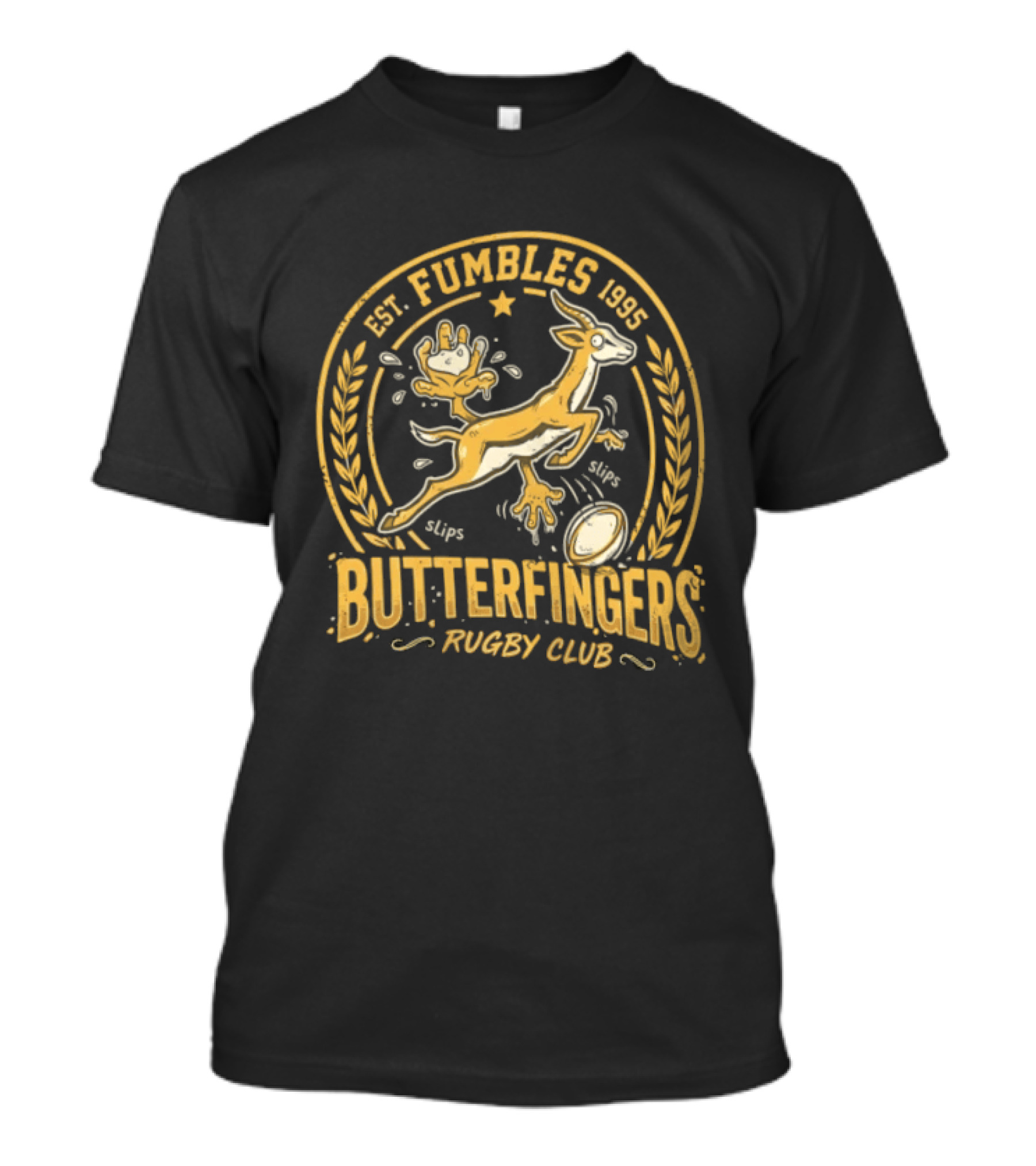 Est. Fumbles 1995 Butterfingers Rugby Club Gazelle Oval T-Shirt
