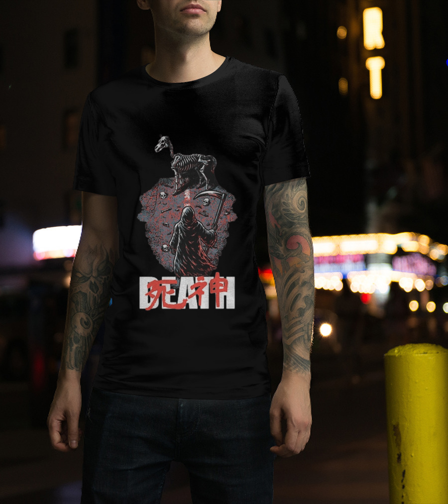 Grim Reaper Death Rider Japanese Kanji Skulls Scythe T-Shirt
