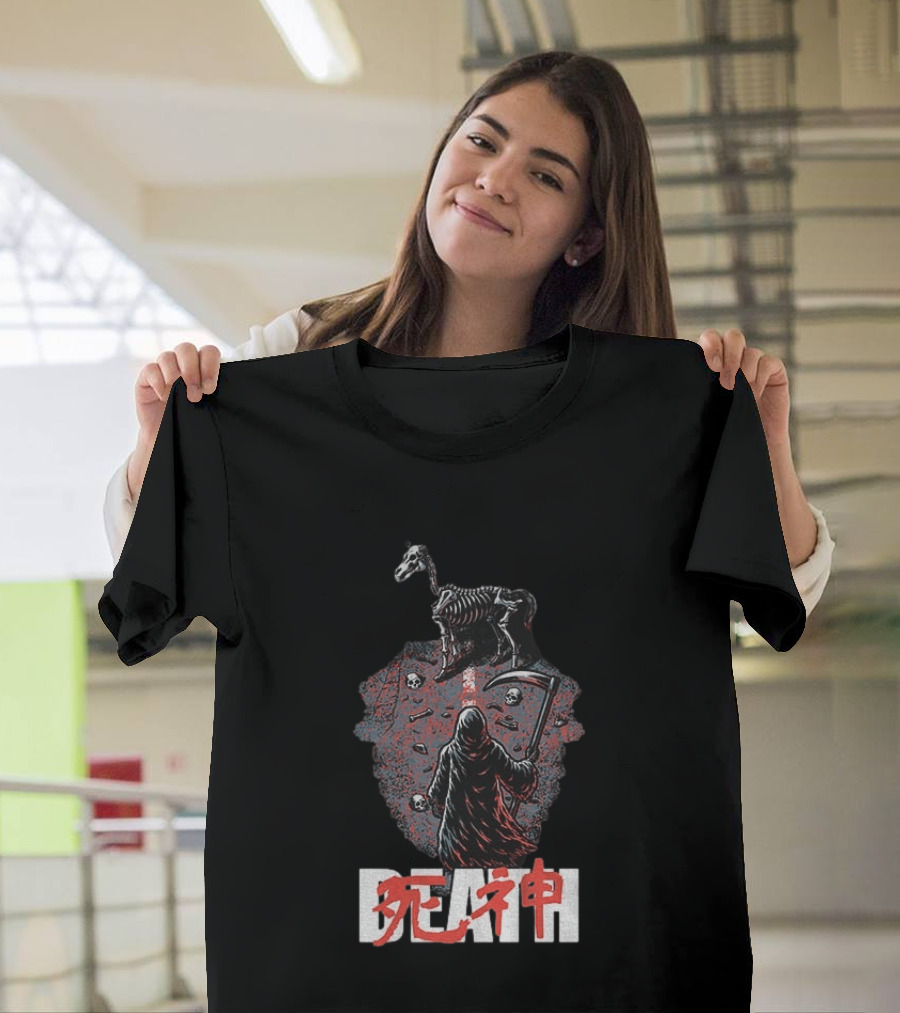 Grim Reaper Death Rider Japanese Kanji Skulls Scythe T-Shirt