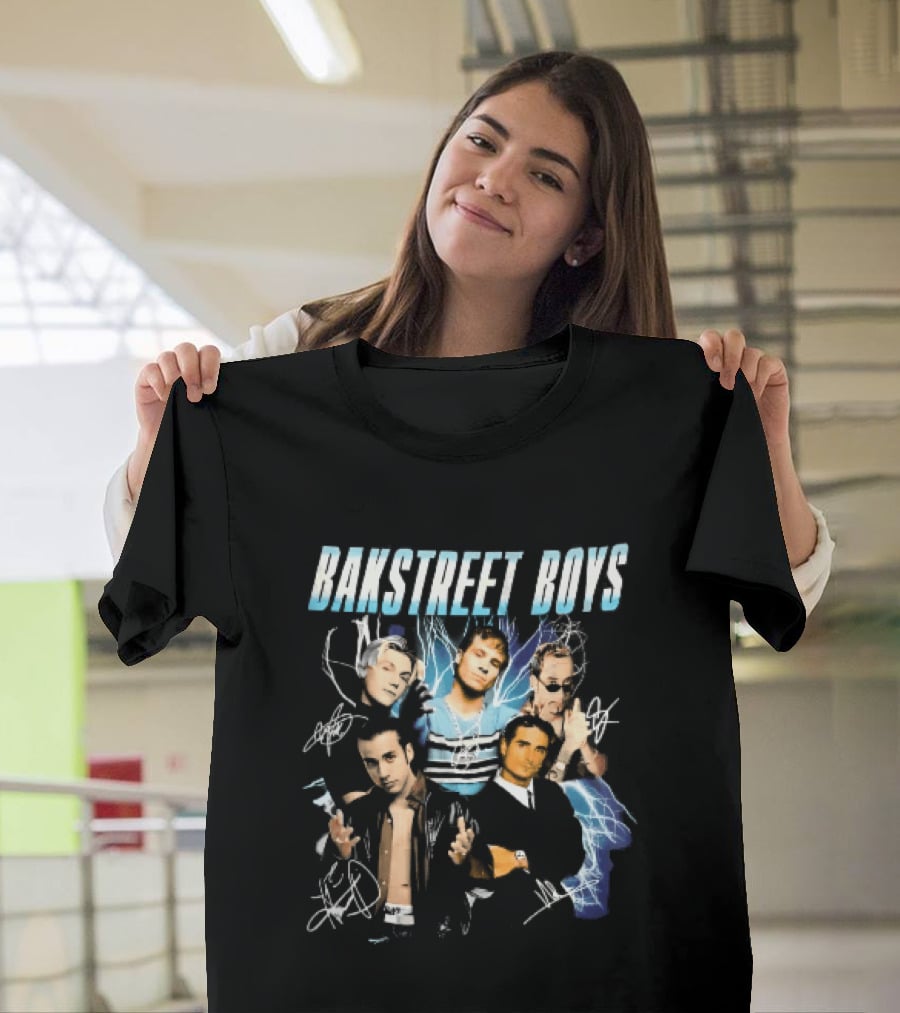 Bakstreet Boys Band Collage Lightning Autographs Bootleg T-Shirt