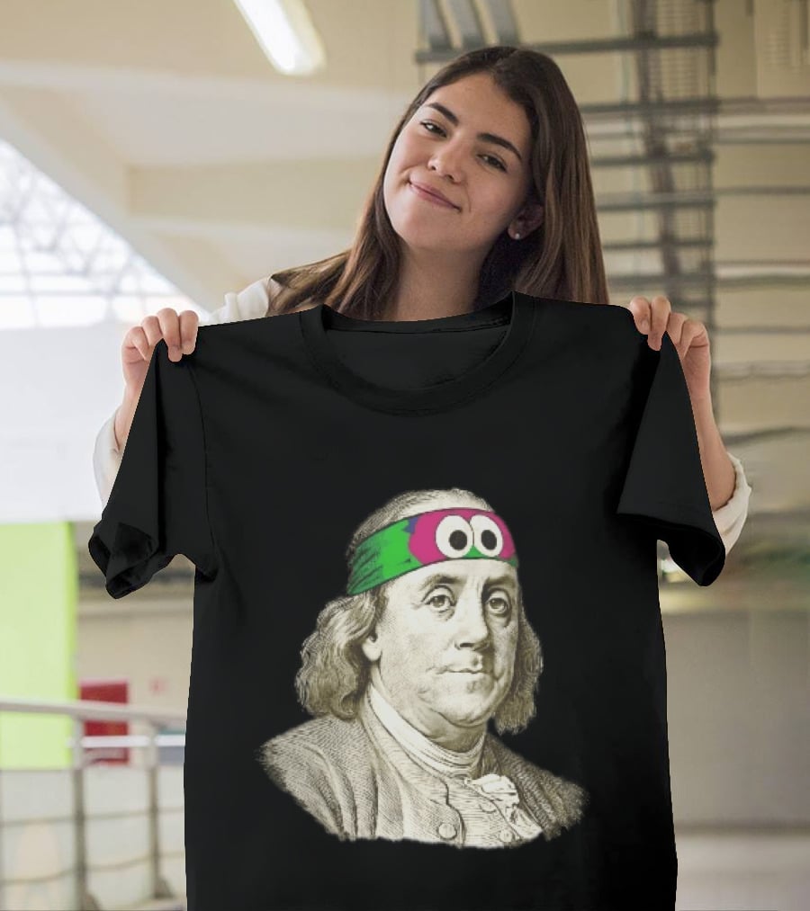 Benjamin Franklin Cartoon With Colorful Ninja Headband And Googly Eyes T-Shirt