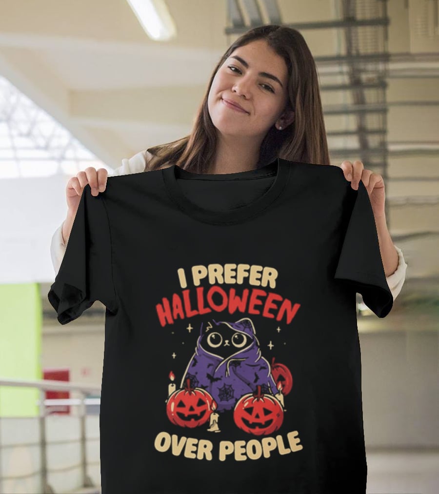 I Prefer Halloween Over People Black Cat Pumpkin Candles T-Shirt