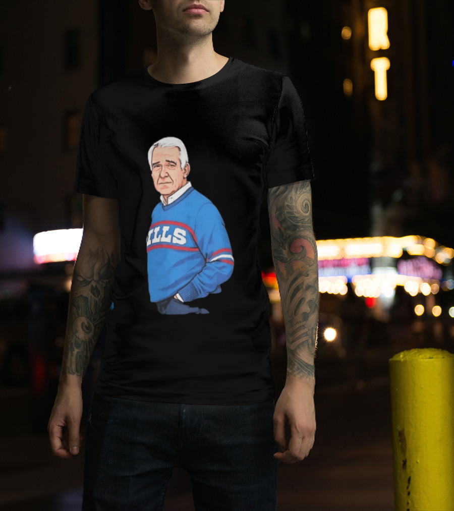 Buffalo Bills Coach Marv Levy Caricature In Blue Sweater With Team Name T-Shirt