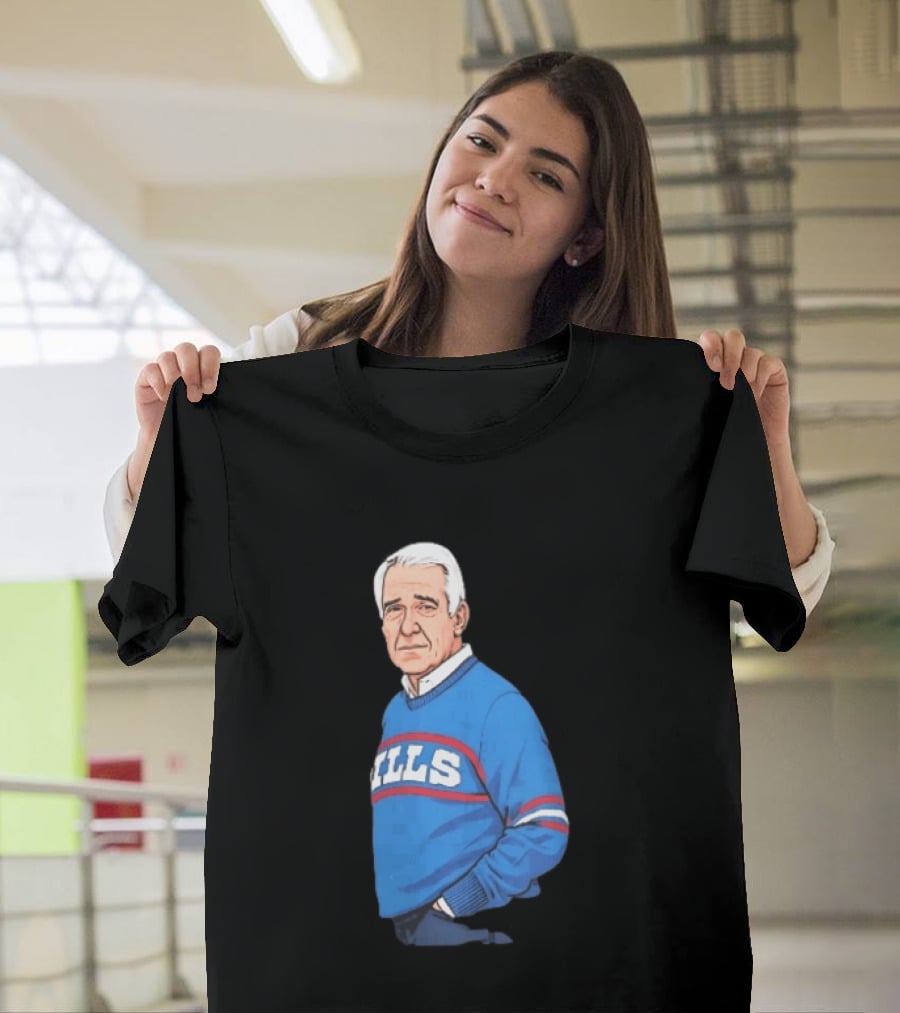 Buffalo Bills Coach Marv Levy Caricature In Blue Sweater With Team Name T-Shirt
