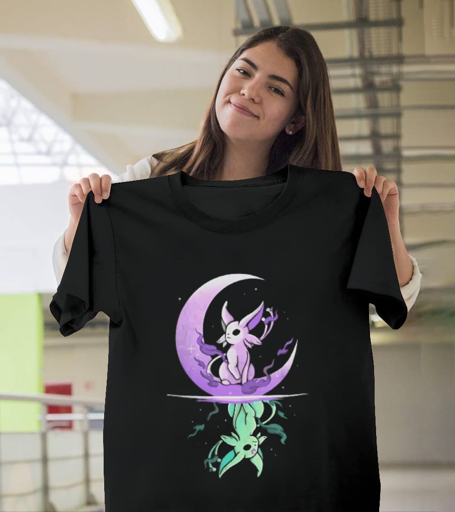 Cartoon Purple Espeon On Crescent Moon With Green Reflection T-Shirt