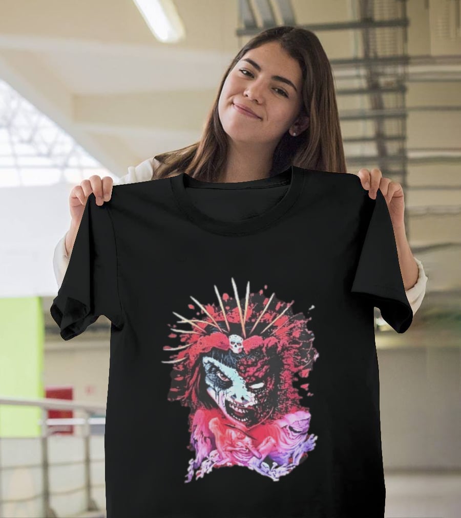 Demonic Japanese Geisha Skull Crown With Red Paint Splatter And Floral T-Shirt