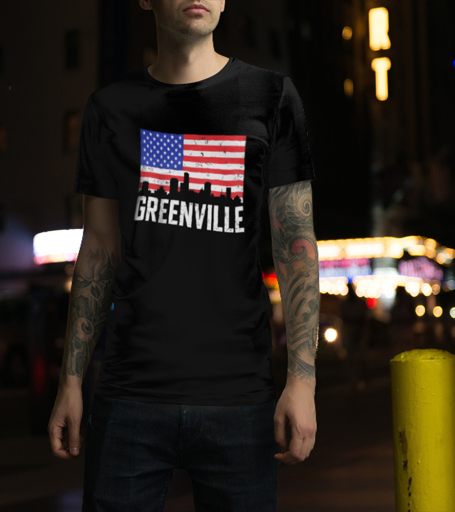 Greenville Skyline American Flag Cityscape T-Shirt