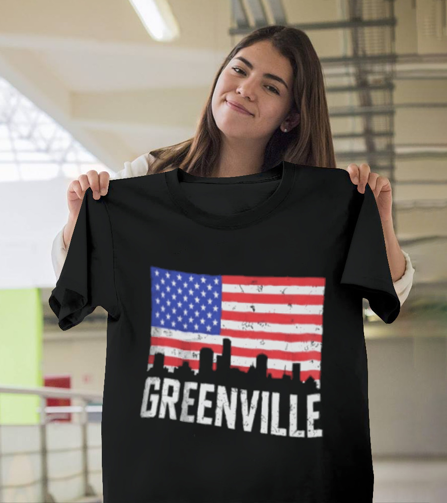 Greenville Skyline American Flag Cityscape T-Shirt