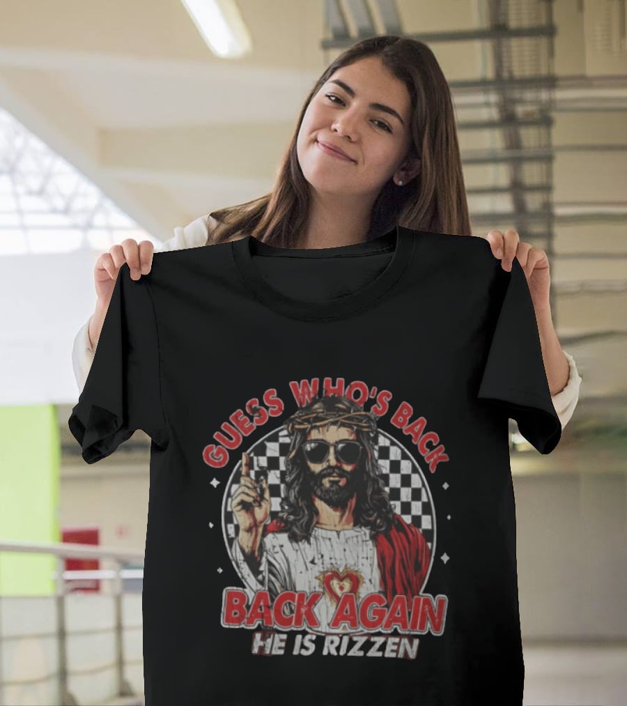 Guess Who's Back Back Again He Is Rizzen Jesus Retro Sunglasses And Red Cloak T-Shirt