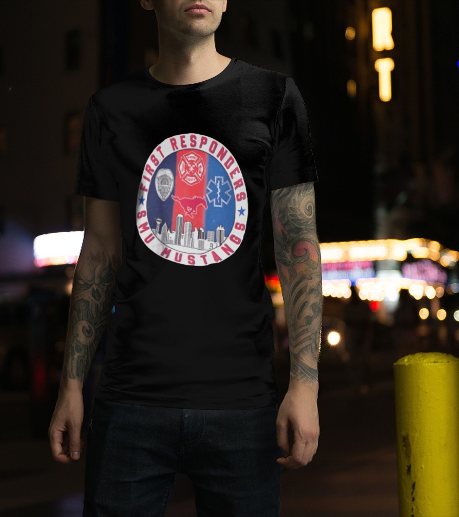 First Responders SMU Mustangs Emergency Services Tribute Skyline T-Shirt