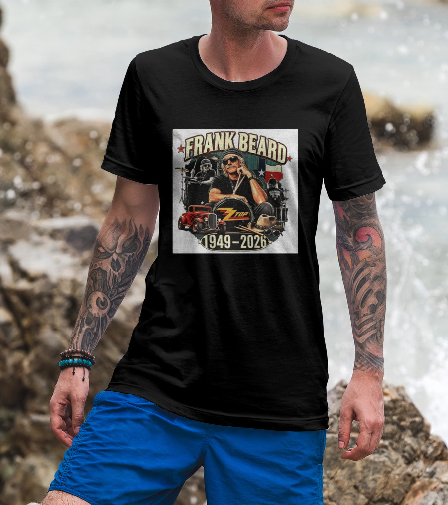 Frank Beard ZZ Top Rock Texas Drummer 1949 2026 Vintage Car And Drumsticks T-Shirt