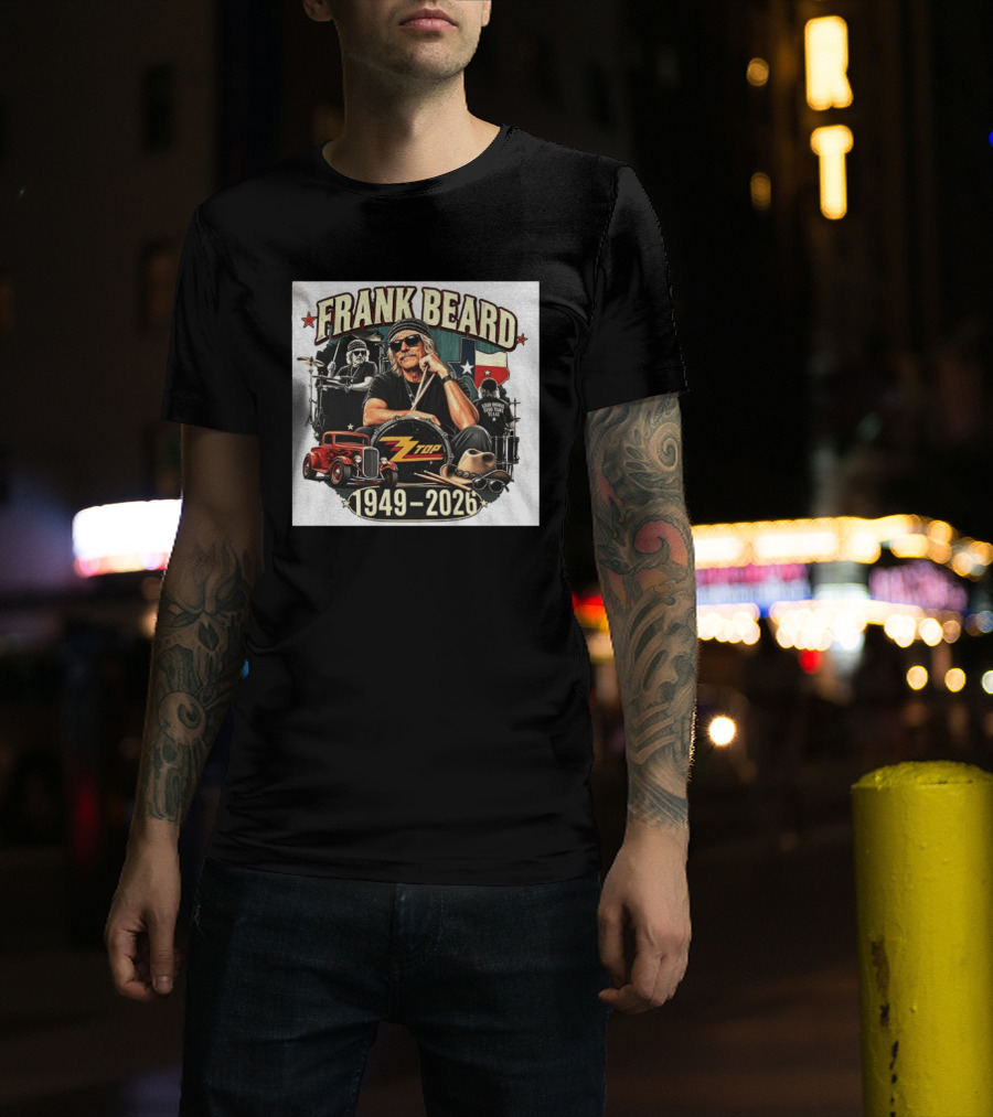 Frank Beard ZZ Top Rock Texas Drummer 1949 2026 Vintage Car And Drumsticks T-Shirt