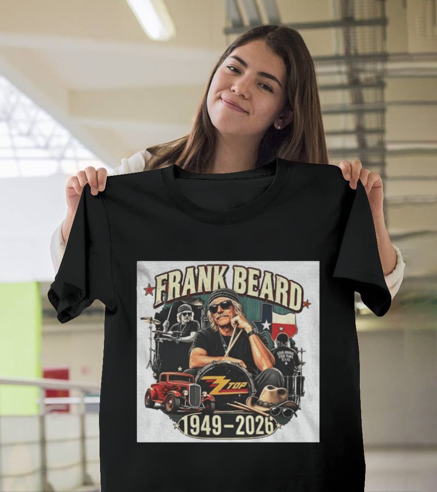 Frank Beard ZZ Top Rock Texas Drummer 1949 2026 Vintage Car And Drumsticks T-Shirt