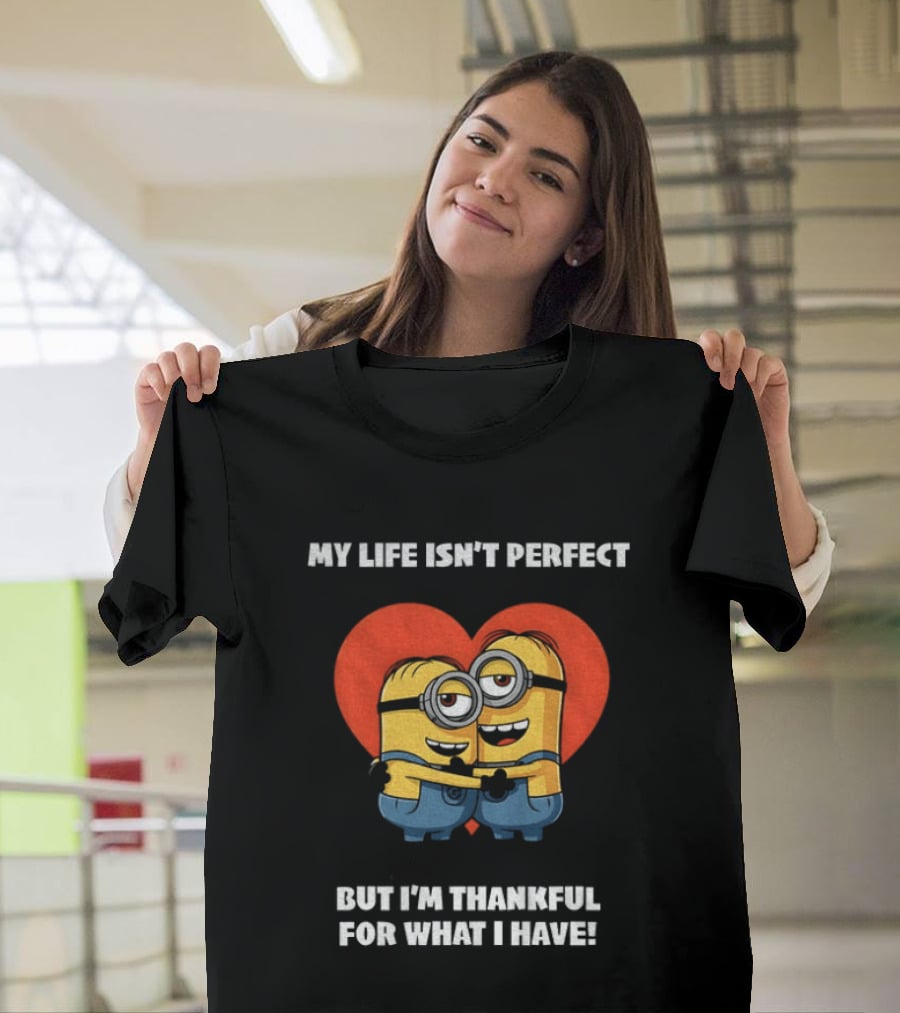 Minions My Life Isn't Perfect But I'm Thankful For What I Have Hugging Cartoon Characters T-Shirt