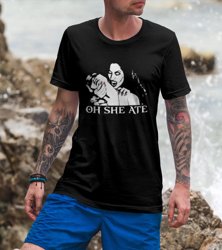 Oh She Ate Female Vampire Biting Neck Red Nails Stencil T-Shirt