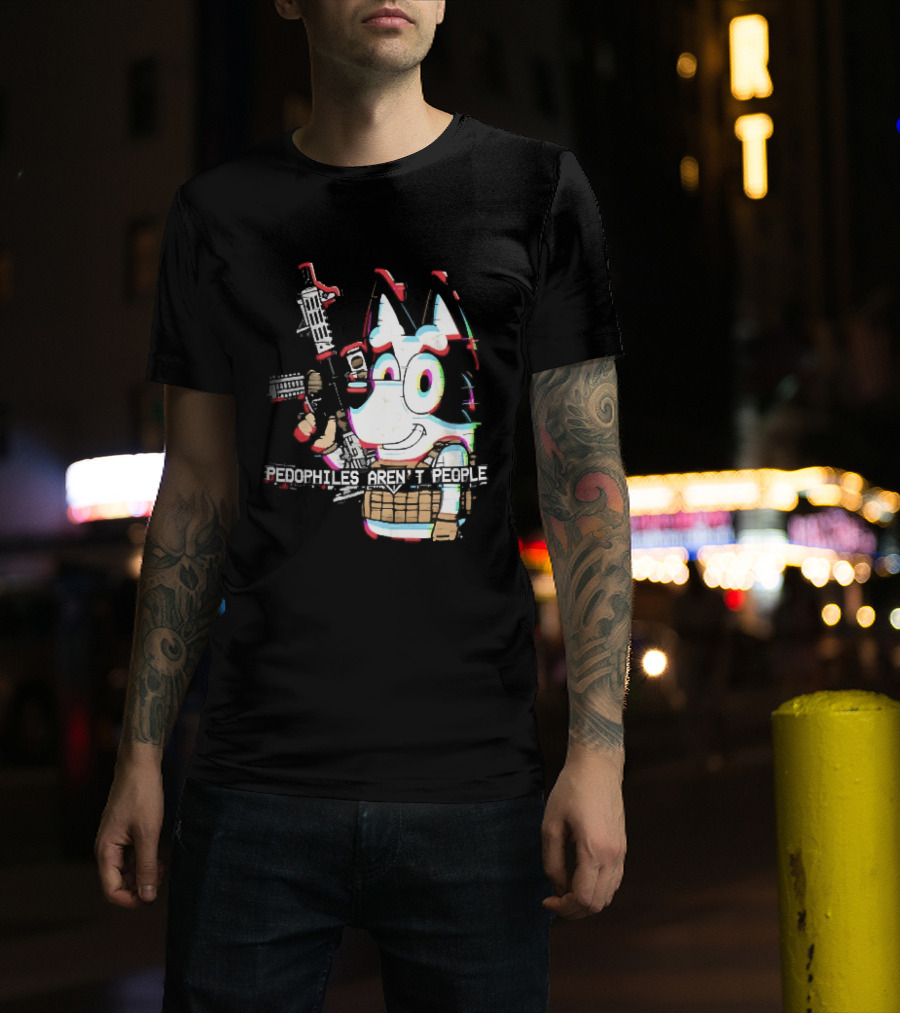 Pedophiles Aren't People Cartoon Dog Tactical Vest Assault Rifle Glitch Effect T-Shirt