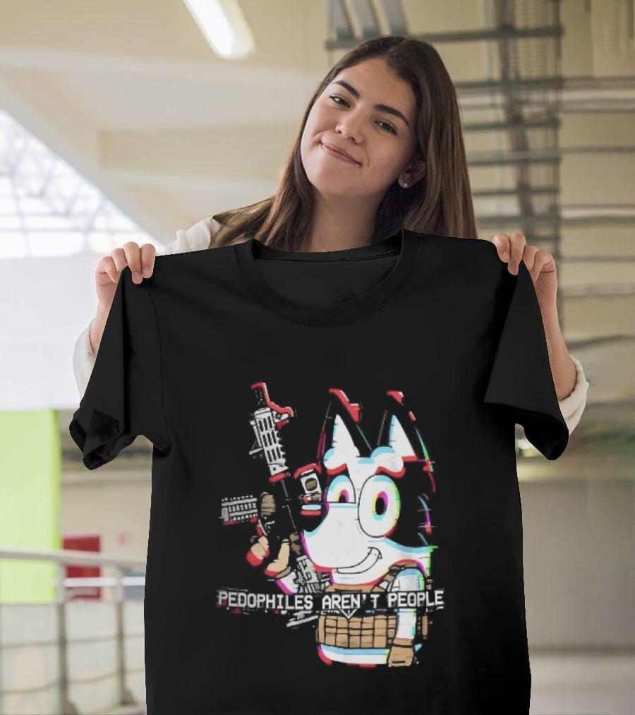 Pedophiles Aren't People Cartoon Dog Tactical Vest Assault Rifle Glitch Effect T-Shirt