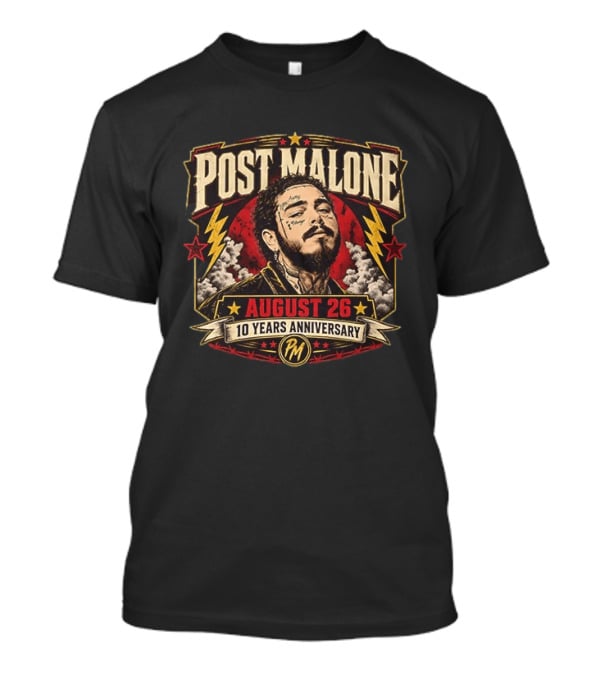 Post Malone August 26 10 Years Anniversary Retro Style Lightning Bolts And Stars T-Shirt