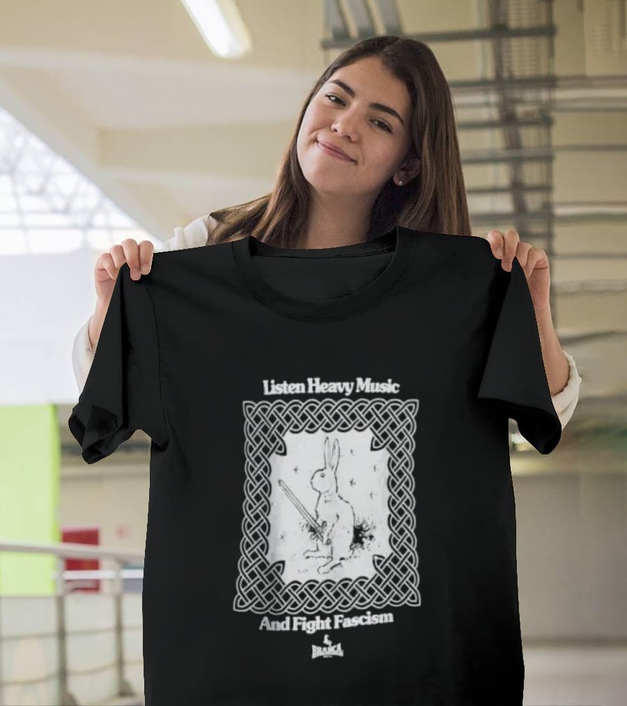 Listen Heavy Music And Fight Fascism Bunny With Sword Celtic Knot Frame T-Shirt
