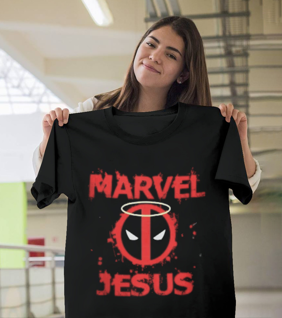 Marvel Jesus Distressed Deadpool Mask Yellow Halo Splatter T-Shirt