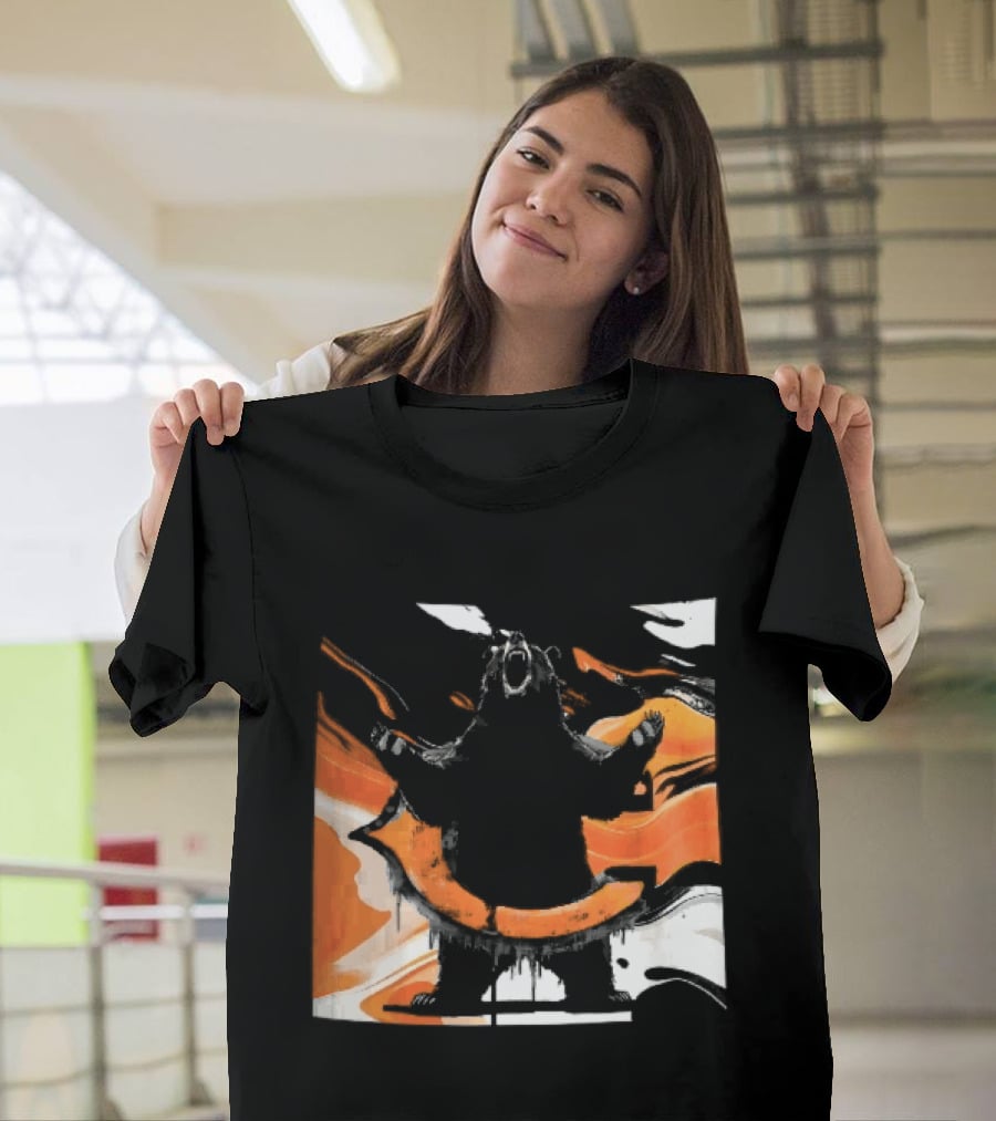 Roaring Black Bear Orange Liquid Swirls Dripping Banner T-Shirt