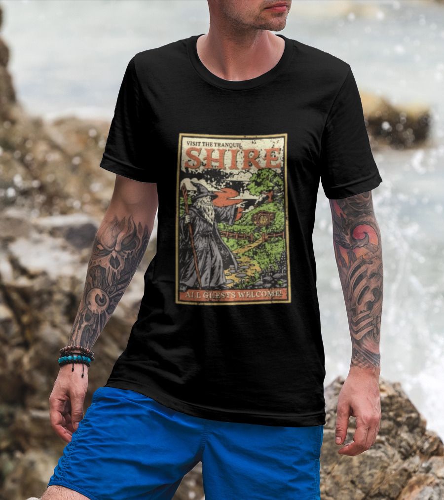 Visit The Tranquil Shire All Guests Welcome Gandalf Hobbit Hole Scene T-Shirt