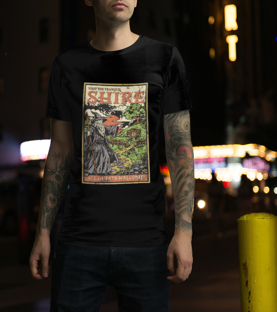 Visit The Tranquil Shire All Guests Welcome Gandalf Hobbit Hole Scene T-Shirt