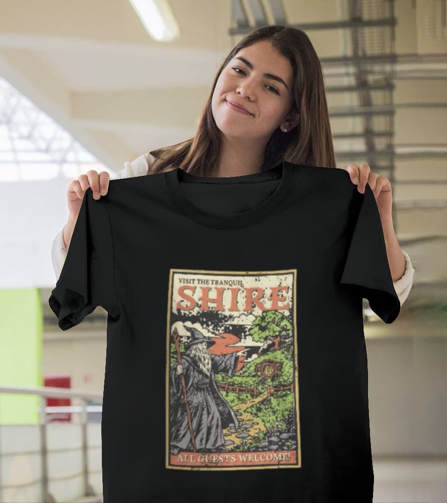 Visit The Tranquil Shire All Guests Welcome Gandalf Hobbit Hole Scene T-Shirt