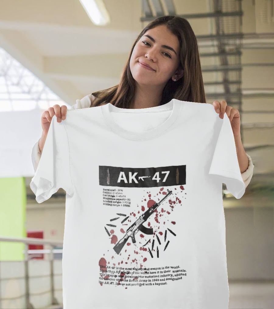 AK 47 1949 Rifle Sketch Red Blood Splatter Bullets Widespread Weapon Statistics T-Shirt