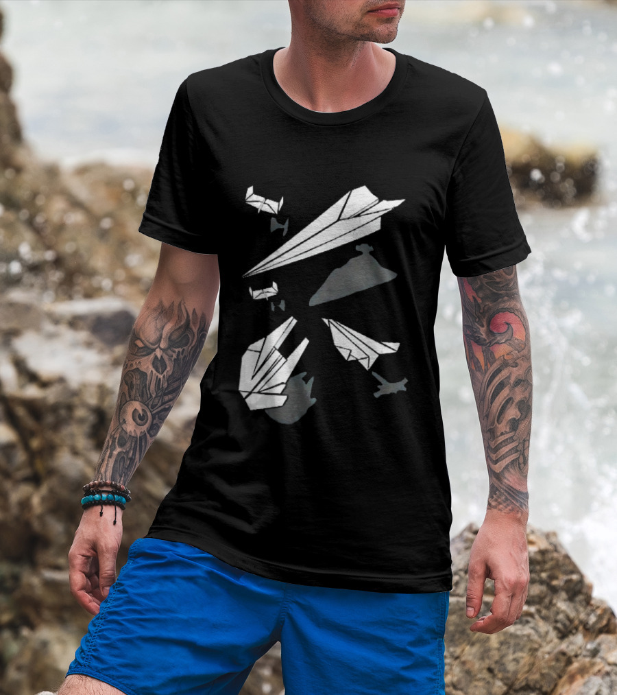White Origami Paper Airplanes Star Wars Spaceship Shadow Illusions T-Shirt