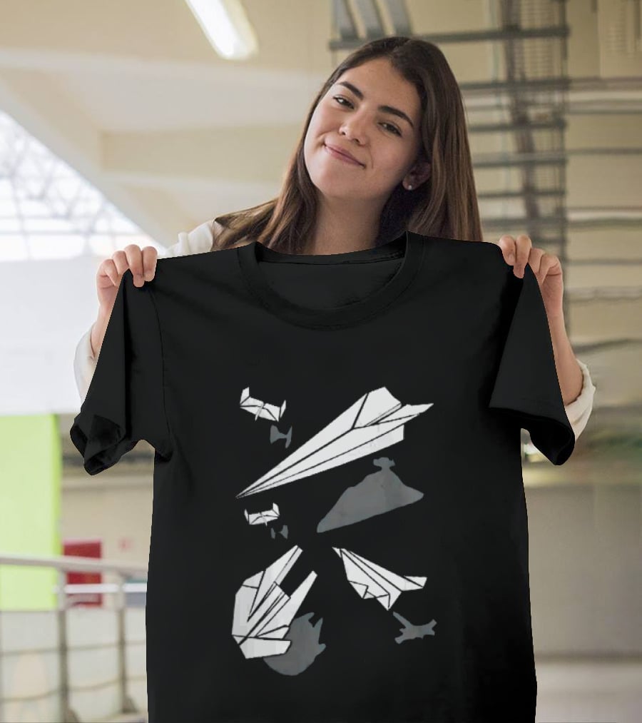 White Origami Paper Airplanes Star Wars Spaceship Shadow Illusions T-Shirt