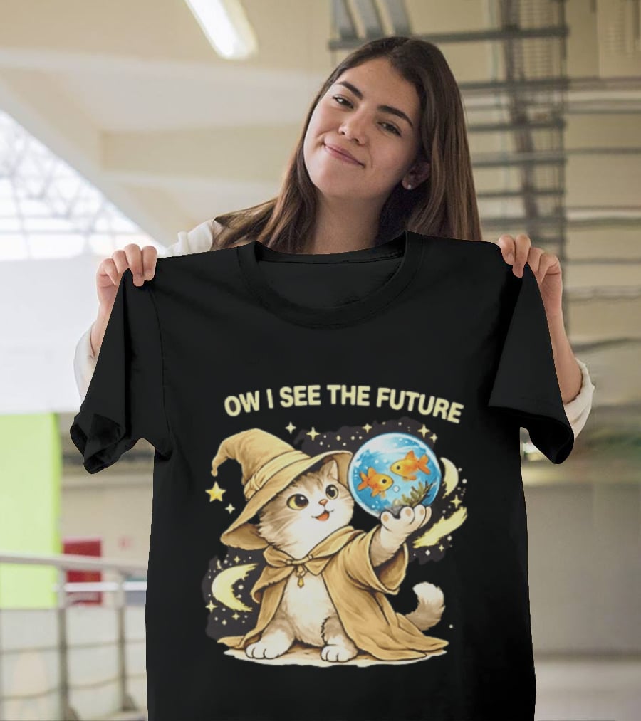 Wizard Cat Halloween Ow I See The Future Goldfish T-Shirt