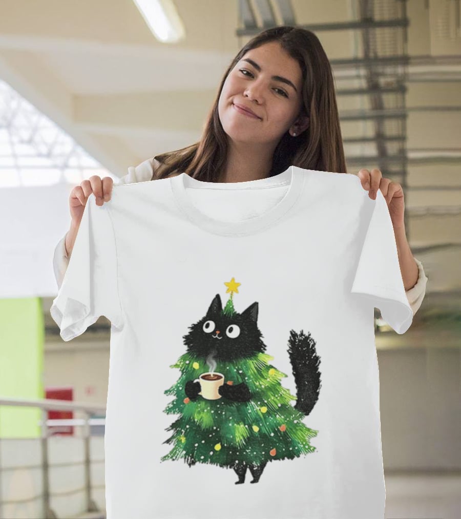Black Cat Christmas Tree With Hot Coffee Cup T-Shirt