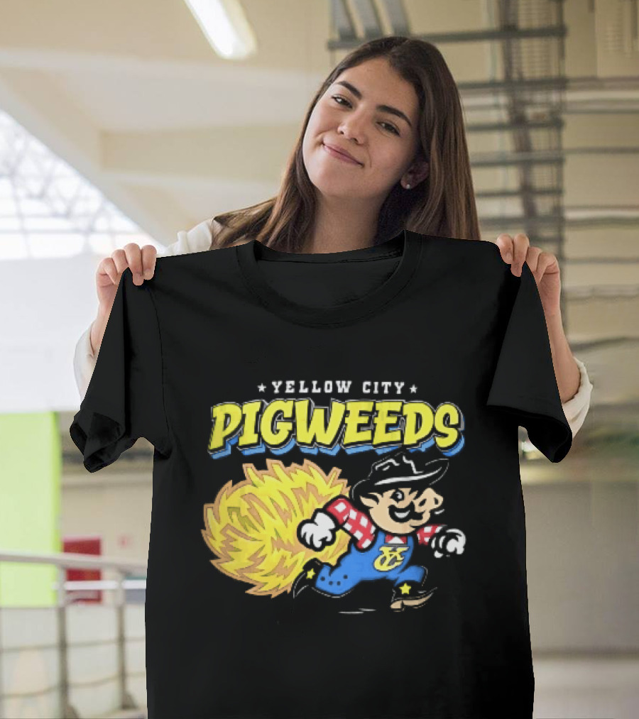 Yellow City Pigweeds Cartoon Cowboy Overalls Tumbleweed Running T-Shirt