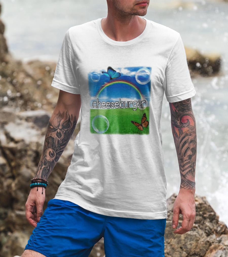 Cheeseburger Pixel Text Rainbow Butterflies Floating Bubbles T-Shirt